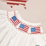 Tiny&Thrive Smocked Baby Girl Clothes – 4th of July Bubble Romper with Fly Sleeves & American Flag Embroidery | Patriotic Infant Outfit