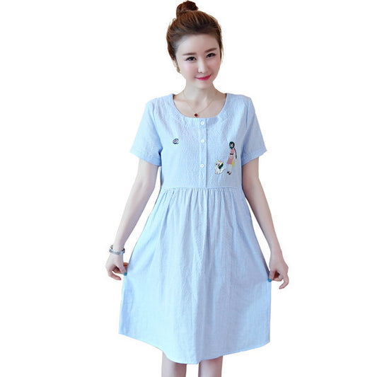 Linen Maternity Dress – Summer Cotton & Linen Dress with Short Sleeves, Striped Design, and Comfortable Fit