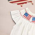 Tiny&Thrive Smocked Baby Girl Clothes – 4th of July Bubble Romper with Fly Sleeves & American Flag Embroidery | Patriotic Infant Outfit