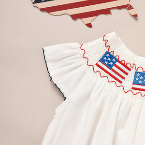 Tiny&Thrive Smocked Baby Girl Clothes – 4th of July Bubble Romper with Fly Sleeves & American Flag Embroidery | Patriotic Infant Outfit