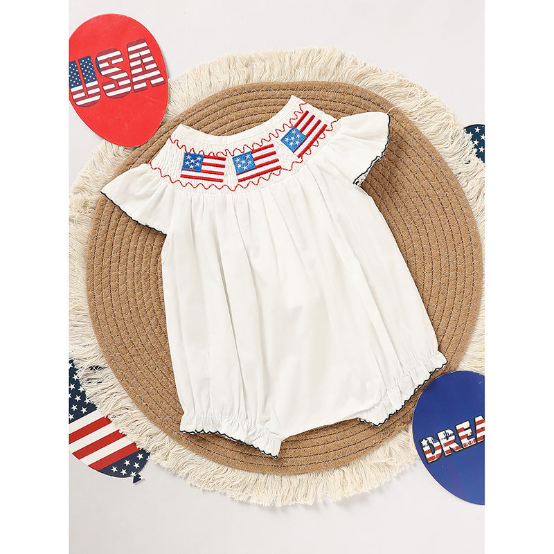 Tiny&Thrive Smocked Baby Girl Clothes – 4th of July Bubble Romper with Fly Sleeves & American Flag Embroidery | Patriotic Infant Outfit