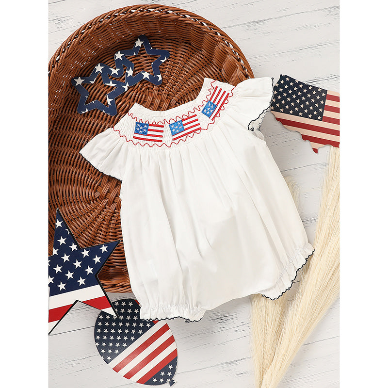 Tiny&Thrive Smocked Baby Girl Clothes – 4th of July Bubble Romper with Fly Sleeves & American Flag Embroidery | Patriotic Infant Outfit