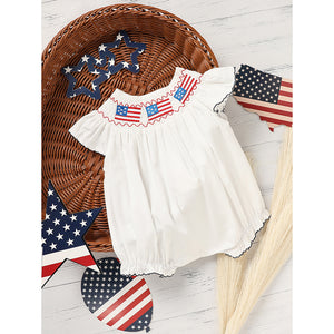 Tiny&Thrive Smocked Baby Girl Clothes – 4th of July Bubble Romper with Fly Sleeves & American Flag Embroidery | Patriotic Infant Outfit