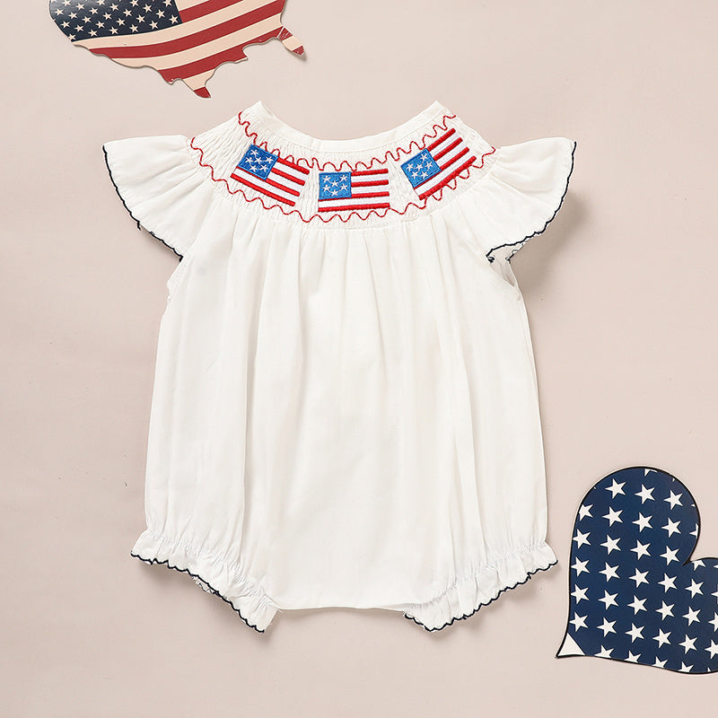 Tiny&Thrive Smocked Baby Girl Clothes – 4th of July Bubble Romper with Fly Sleeves & American Flag Embroidery | Patriotic Infant Outfit