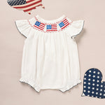 Tiny&Thrive Smocked Baby Girl Clothes – 4th of July Bubble Romper with Fly Sleeves & American Flag Embroidery | Patriotic Infant Outfit