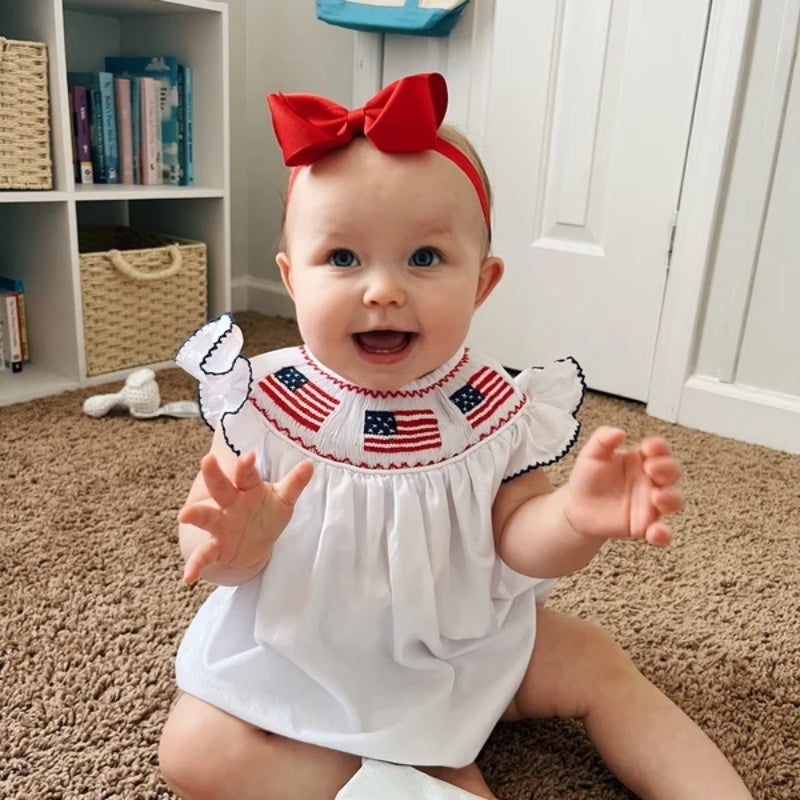 Tiny&Thrive Smocked Baby Girl Clothes – 4th of July Bubble Romper with Fly Sleeves & American Flag Embroidery | Patriotic Infant Outfit
