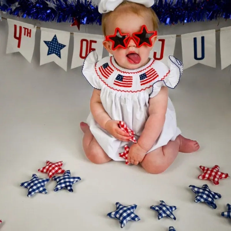 Tiny&Thrive Smocked Baby Girl Clothes – 4th of July Bubble Romper with Fly Sleeves & American Flag Embroidery | Patriotic Infant Outfit