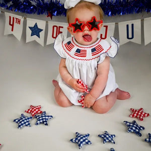 Tiny&Thrive Smocked Baby Girl Clothes – 4th of July Bubble Romper with Fly Sleeves & American Flag Embroidery | Patriotic Infant Outfit