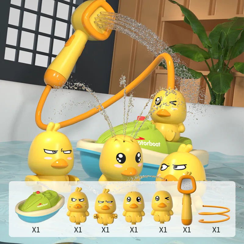 Cute Duck Toys Bathing Boat Set – 3 Emotional Ducks with LED Light & Auto Water Spray – Interactive Sensory Baby Shower Gift for Toddlers