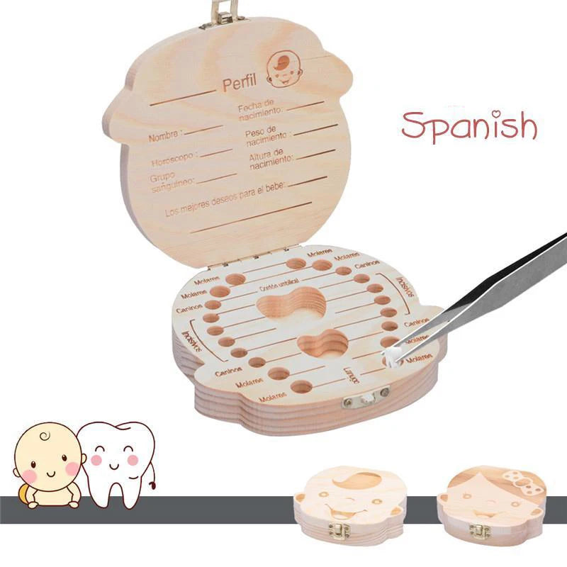 Tooth Fairy Box – Spanish Wooden Baby Tooth Keepsake Organizer for Boys & Girls | Milk Teeth Storage Souvenir Gift