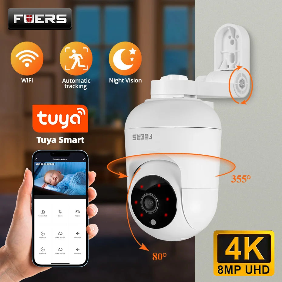 FUERS 4K 8MP Baby Monitor – Tuya Smart WiFi IP Camera with AI Tracking & Adjustable Bracket for Indoor Security & Baby Surveillance