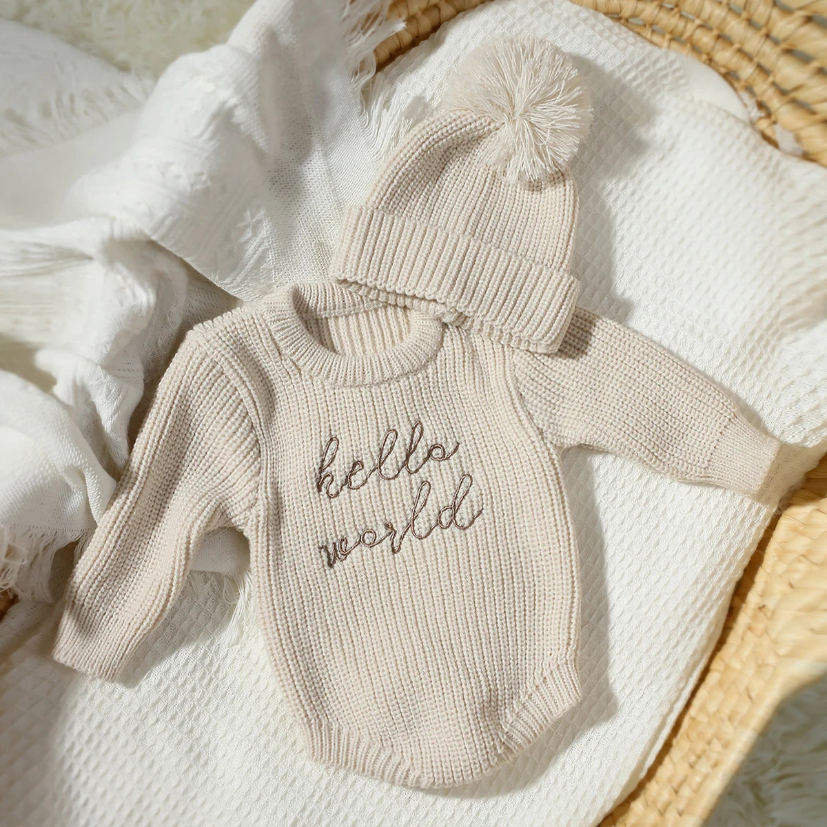 Ylsteed Hello World Knitting Newborn Long Sleeve Romper with Pomp Hat – Baby Boy & Girl Outfit for Photography & Photo Shoots
