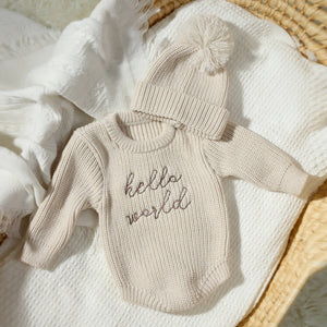 Ylsteed Hello World Knitting Newborn Long Sleeve Romper with Pomp Hat – Baby Boy & Girl Outfit for Photography & Photo Shoots