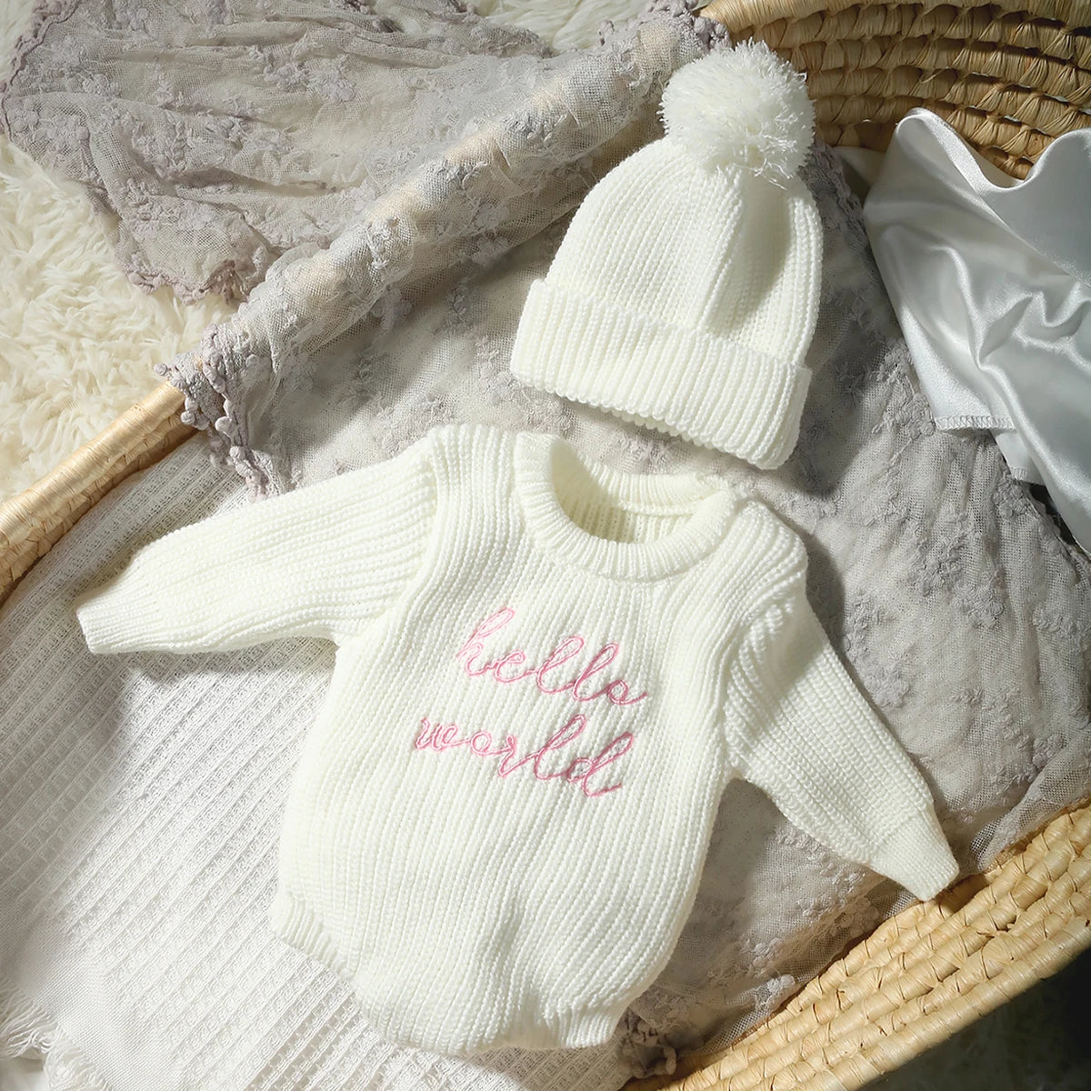 Ylsteed Hello World Knitting Newborn Long Sleeve Romper with Pomp Hat – Baby Boy & Girl Outfit for Photography & Photo Shoots