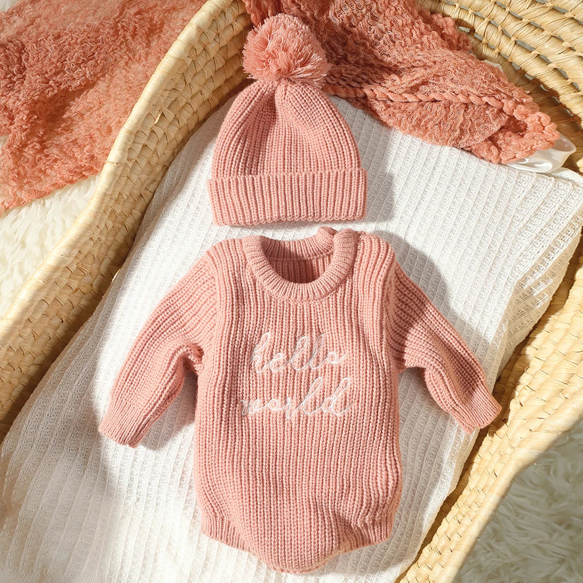 Ylsteed Hello World Knitting Newborn Long Sleeve Romper with Pomp Hat – Baby Boy & Girl Outfit for Photography & Photo Shoots