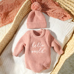 Ylsteed Hello World Knitting Newborn Long Sleeve Romper with Pomp Hat – Baby Boy & Girl Outfit for Photography & Photo Shoots