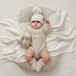 Ylsteed Hello World Knitting Newborn Long Sleeve Romper with Pomp Hat – Baby Boy & Girl Outfit for Photography & Photo Shoots