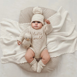 Ylsteed Hello World Knitting Newborn Long Sleeve Romper with Pomp Hat – Baby Boy & Girl Outfit for Photography & Photo Shoots