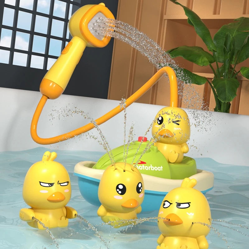 Yellow duck bath toys with a water gun and green rubber duckie in a bathtub.