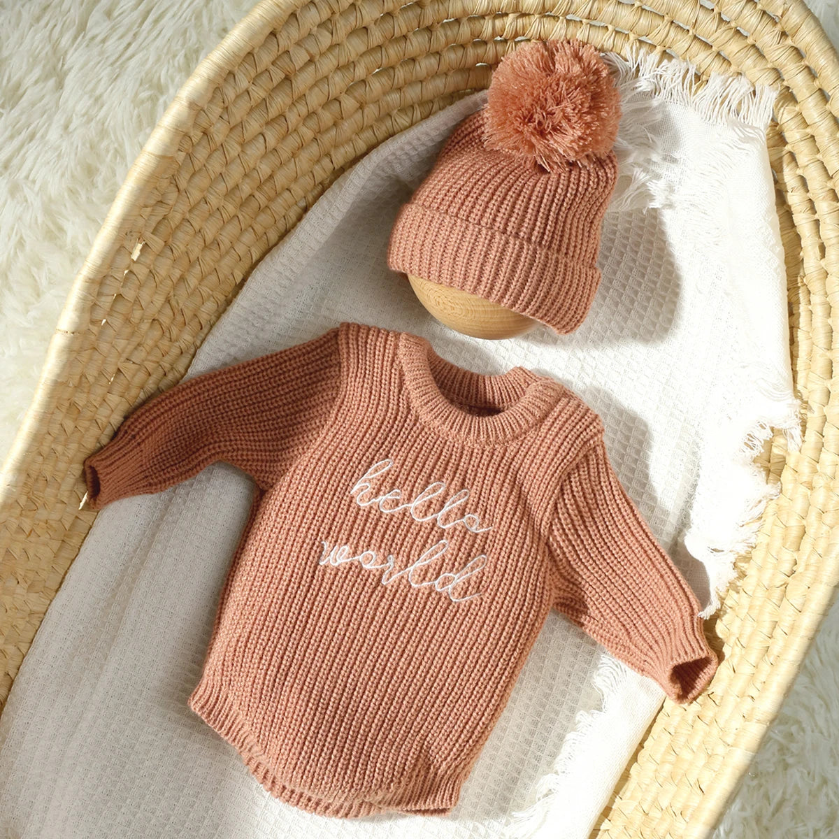 Ylsteed Hello World Knitting Newborn Long Sleeve Romper with Pomp Hat – Baby Boy & Girl Outfit for Photography & Photo Shoots