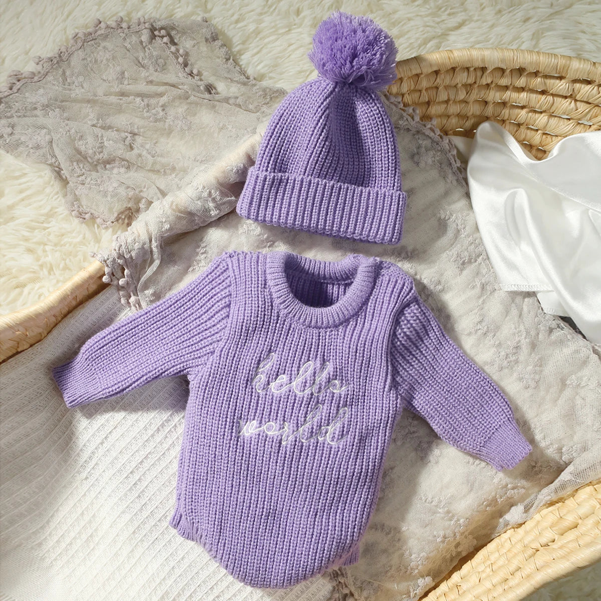 Ylsteed Hello World Knitting Newborn Long Sleeve Romper with Pomp Hat – Baby Boy & Girl Outfit for Photography & Photo Shoots