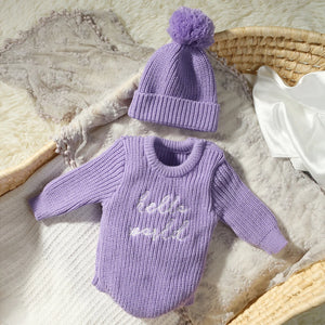 Ylsteed Hello World Knitting Newborn Long Sleeve Romper with Pomp Hat – Baby Boy & Girl Outfit for Photography & Photo Shoots