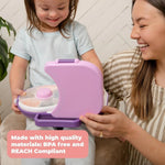 Woman and child holding a purple lunch container with text about material safety.