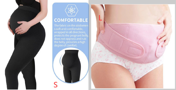 Pregnancy support pants with text on comfort and size options.