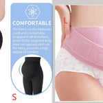 Pregnancy support pants with text on comfort and size options.