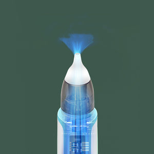 Nose hair trimmer with blue light on a dark green background