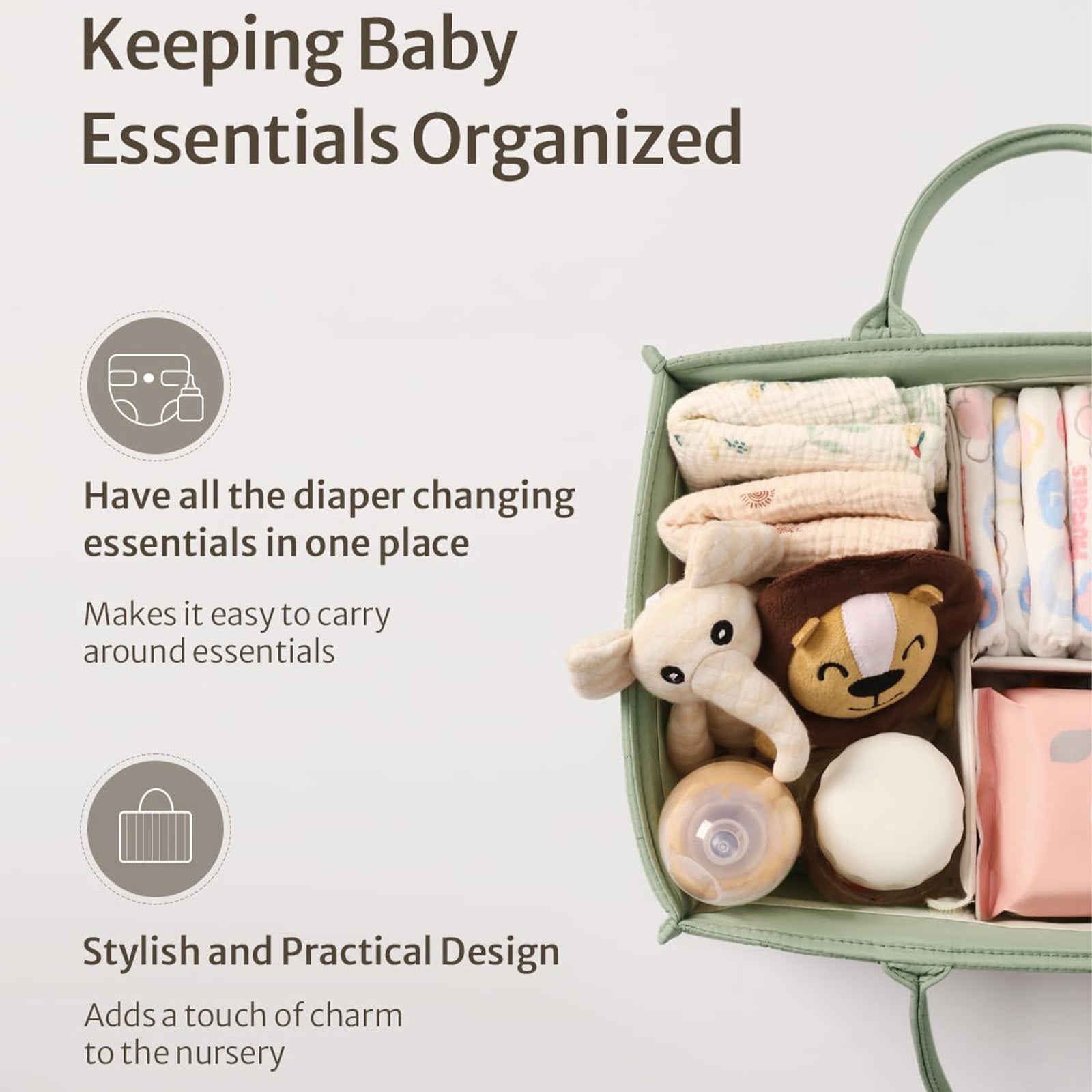 Green baby organizer with diapers, wipes, and toys on a light gray background