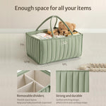 Green storage basket with teddy bear and baby items, labeled 'Enough space for all your items'.