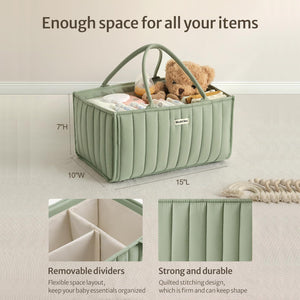 Green storage basket with teddy bear and baby items, labeled 'Enough space for all your items'.