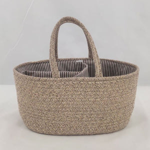 Woven basket with striped lining on a light background