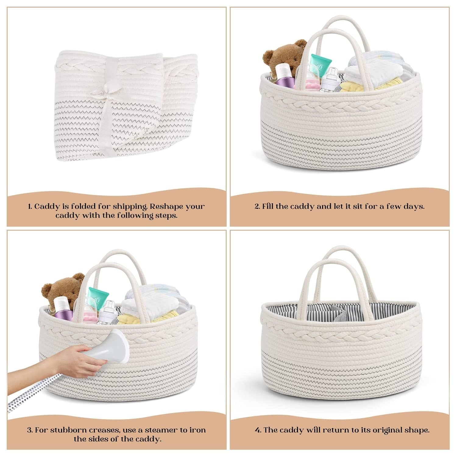 Collage of a woven storage caddy with instructions on reshaping and using it.