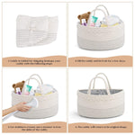 Collage of a woven storage caddy with instructions on reshaping and using it.