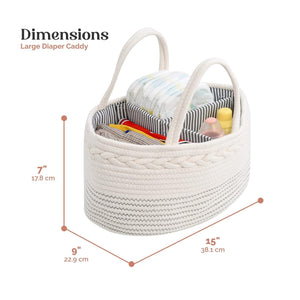 White woven diaper caddy with dimensions labeled on a white background