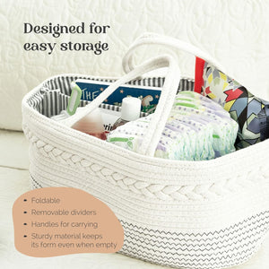 White woven basket with baby items and text highlighting features