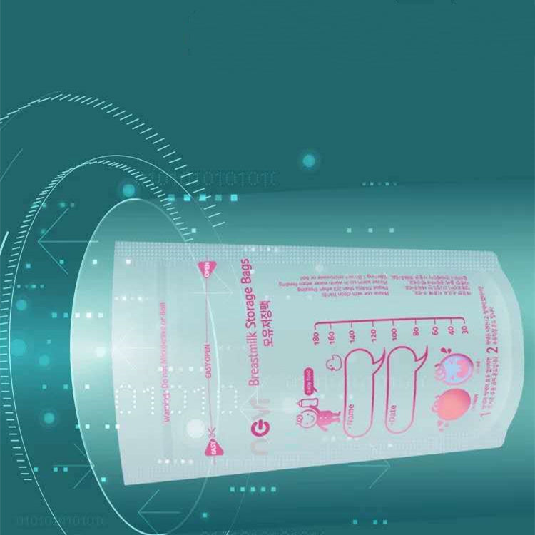Breast milk storage bag with measurement markings on a teal background