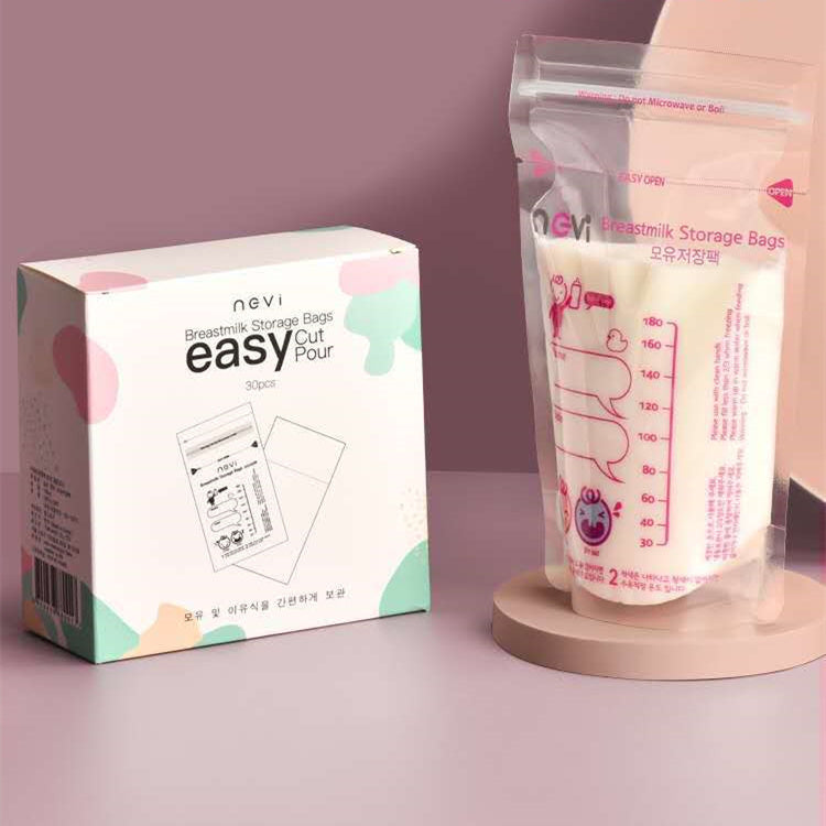 Nevi breastmilk storage bags packaging with a sample bag on a pink background