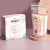 Nevi breastmilk storage bags packaging with a sample bag on a pink background