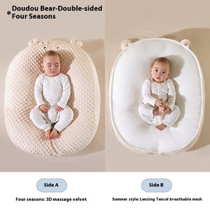 Two views of a baby in a Doudou Bear double-sided product with text indicating different materials on each side.
