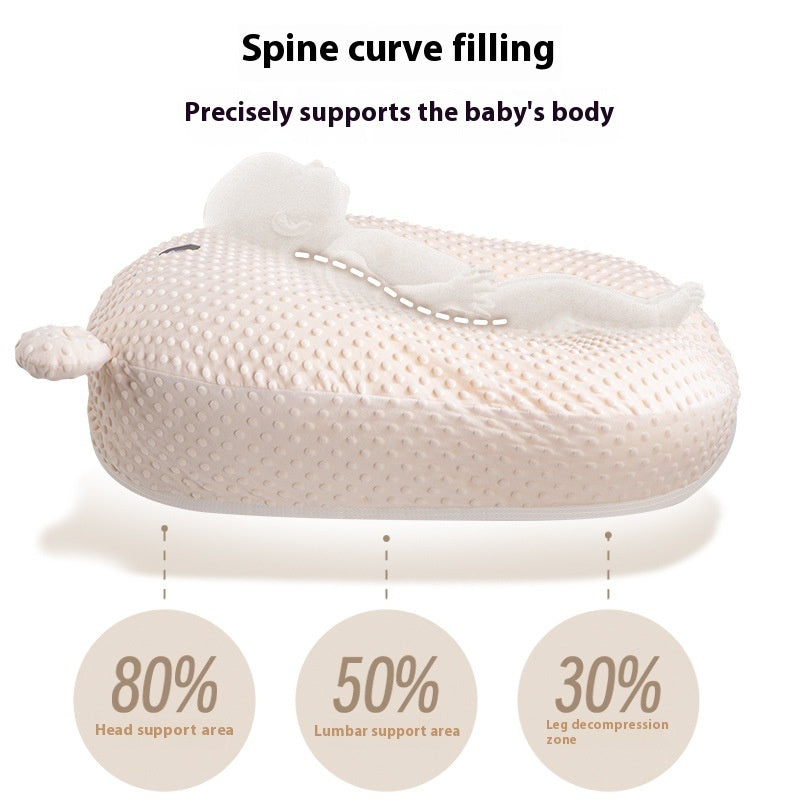 Baby pillow with text highlighting spine curve filling and body support