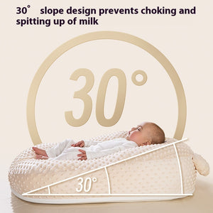 Baby lying on a 30-degree slope design crib to prevent choking and spitting up of milk.