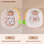 Two views of a baby seat with dinosaur design on a beige background