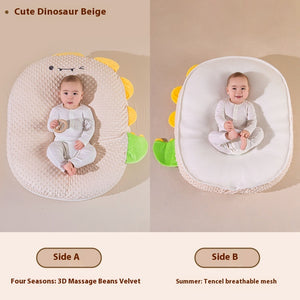 Two views of a baby seat with dinosaur design on a beige background