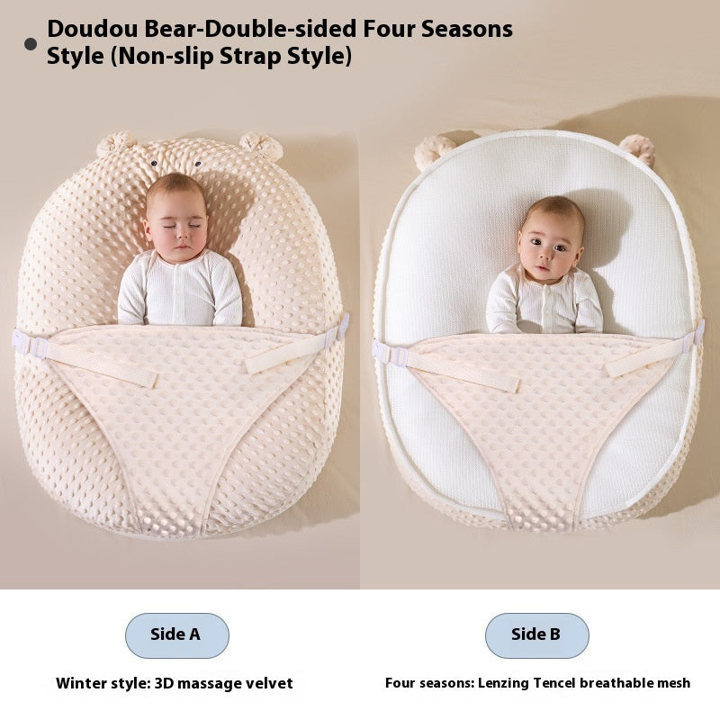 Baby in a Doudou Bear double-sided four-seasons baby seat with text describing the different styles.