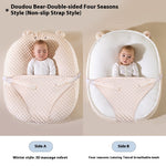 Baby in a Doudou Bear double-sided four-seasons baby seat with text describing the different styles.