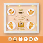 Decorative frame with gold hand and foot prints, a photo, and text on an orange background