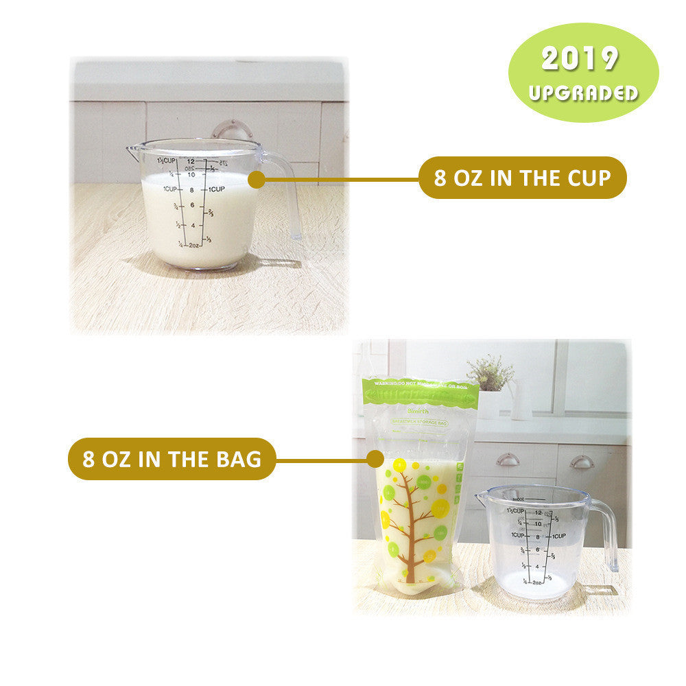 Measurement cup with milk and text indicating 8 oz capacity, set against a kitchen background.